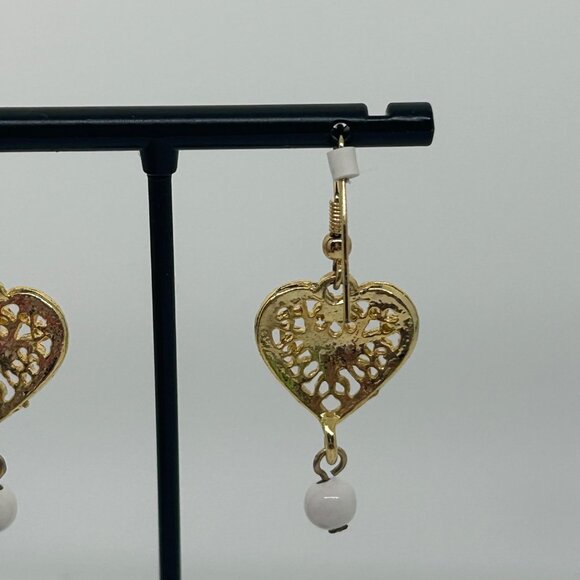 Vintage Gold-Tone Heart Drop Earrings With White Accents & Filigree Design - Picture 8 of 16